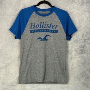 Y2k Hollister Mens T Shirt Gray Blue Raglan Short Sleeve Sz M Preppy grunge prep